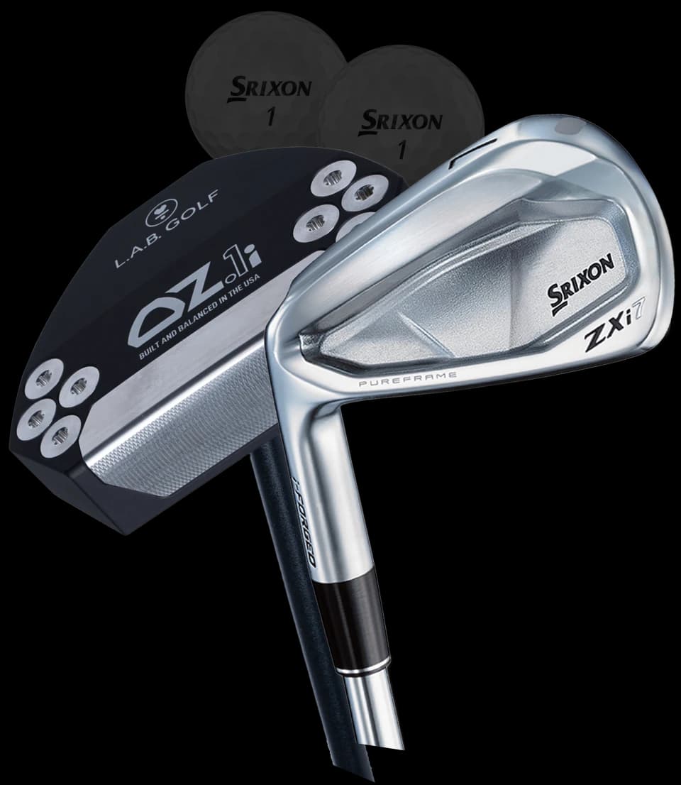 Srixon ZX7 iron club and L.A.B. Golf OZ putter with two Srixon golf balls, showcasing premium golf equipment for enhancing gameplay.