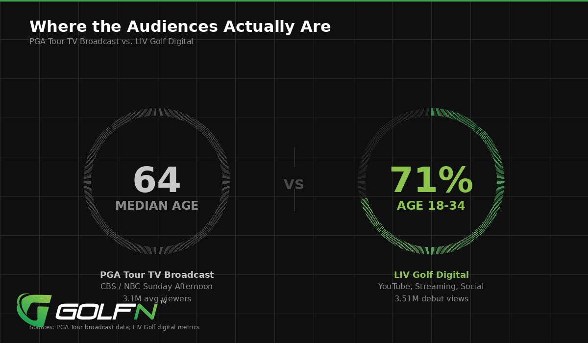Side-by-side comparison: PGA Tour TV broadcast median viewer age 64 versus LIV Golf digital audience 71% aged 18-34