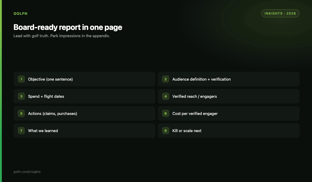 Board ready reporting template structure for golf campaigns