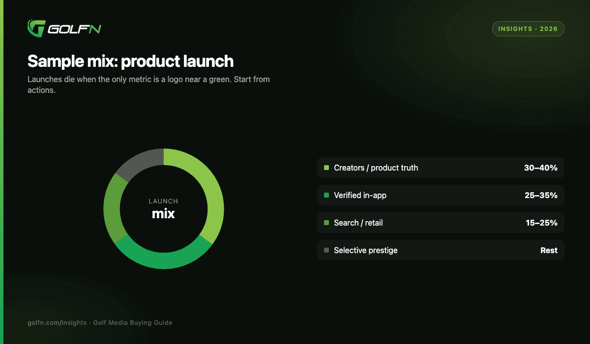 Sample product launch media mix: creators, verified in-app, search, and selective prestige